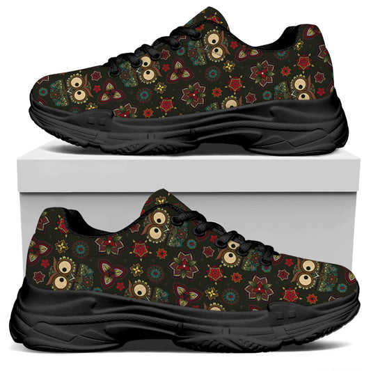 Cute Boho Owl Pattern Print Black Chunky Shoes