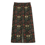 Cute Boho Owl Pattern Print Cotton Front Slit Maxi Skirt