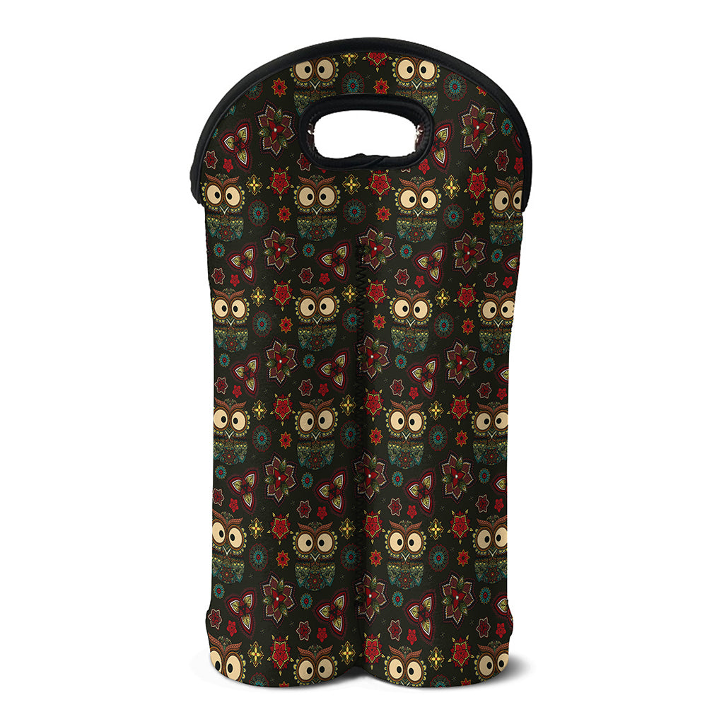 Cute Boho Owl Pattern Print Double Neoprene Wine Tote