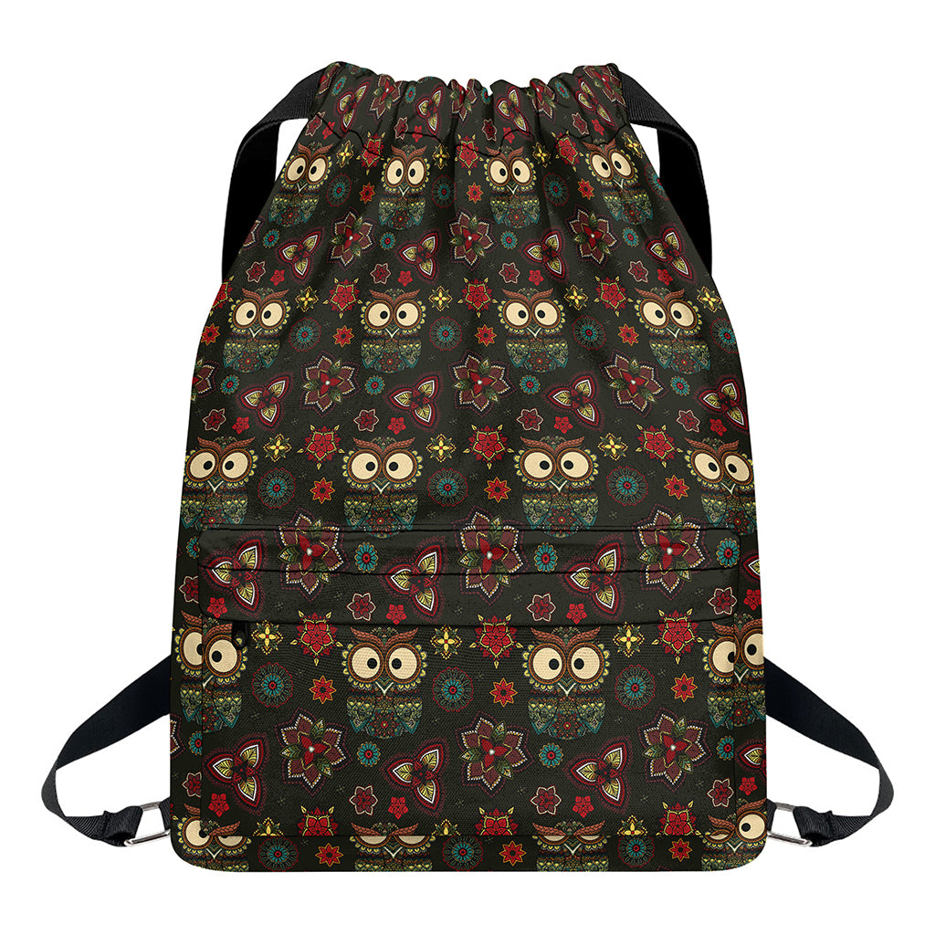 Cute Boho Owl Pattern Print Drawstring Backpack