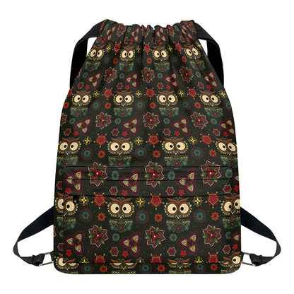 Cute Boho Owl Pattern Print Drawstring Backpack