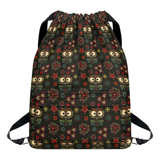 Cute Boho Owl Pattern Print Drawstring Backpack