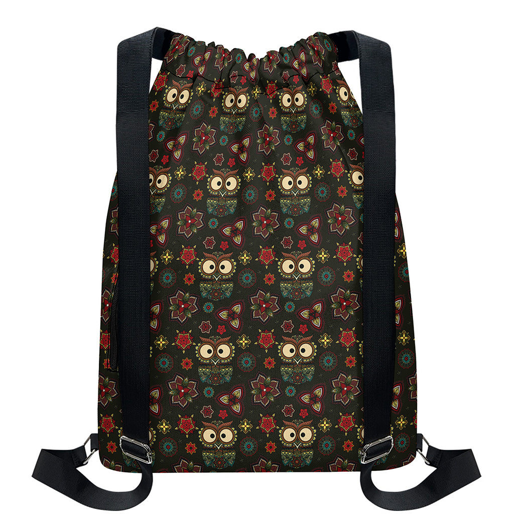 Cute Boho Owl Pattern Print Drawstring Backpack