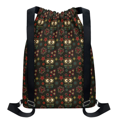 Cute Boho Owl Pattern Print Drawstring Backpack