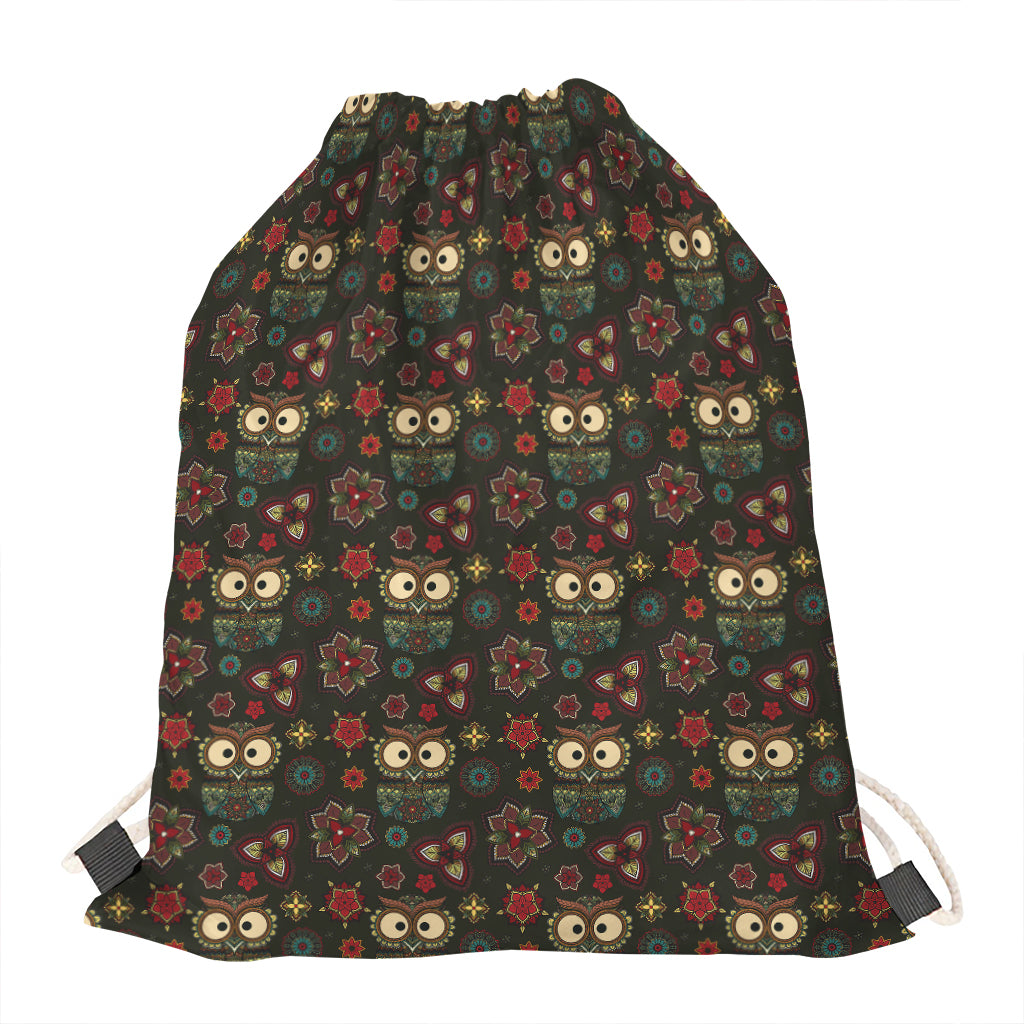 Cute Boho Owl Pattern Print Drawstring Bag