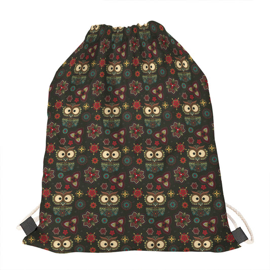 Cute Boho Owl Pattern Print Drawstring Bag