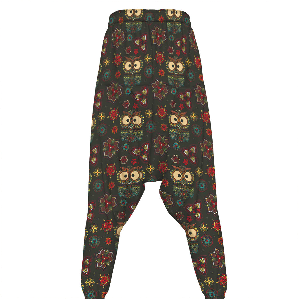Cute Boho Owl Pattern Print Hammer Pants