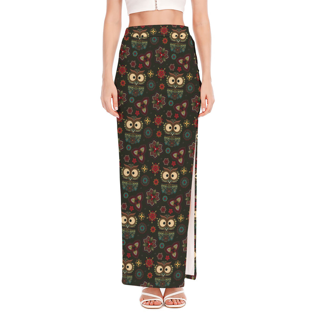 Cute Boho Owl Pattern Print High Slit Maxi Skirt