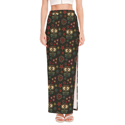 Cute Boho Owl Pattern Print High Slit Maxi Skirt