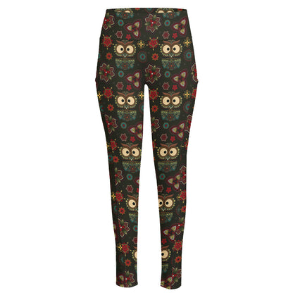 Cute Boho Owl Pattern Print High-Waisted Pocket Leggings