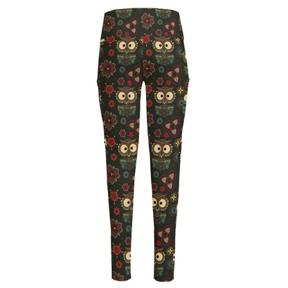 Cute Boho Owl Pattern Print High-Waisted Pocket Leggings