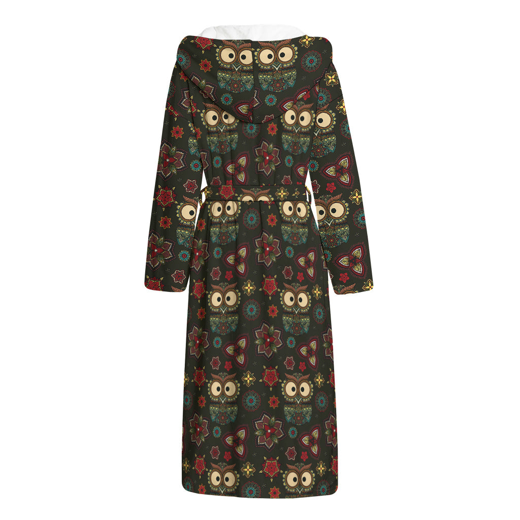Cute Boho Owl Pattern Print Hooded Bathrobe