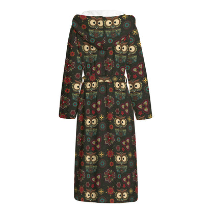 Cute Boho Owl Pattern Print Hooded Bathrobe