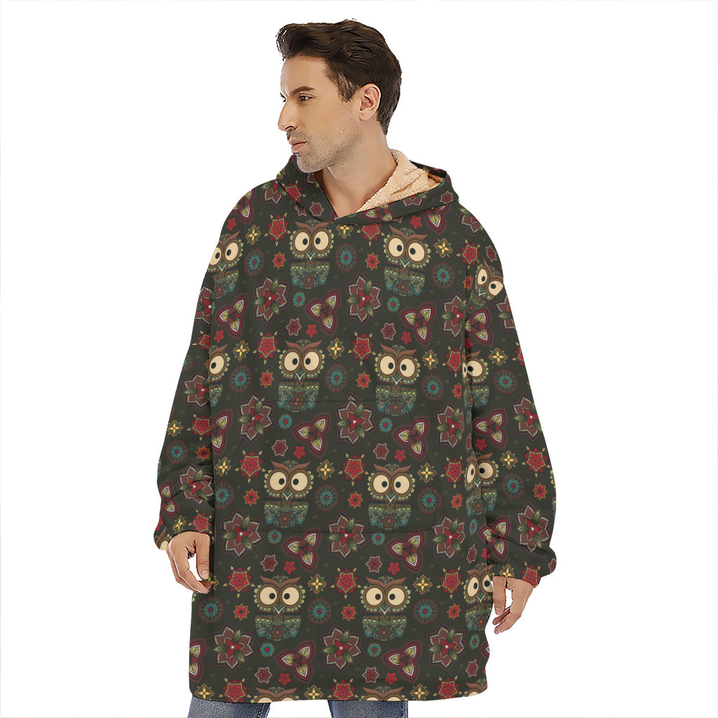 Cute Boho Owl Pattern Print Hoodie Blanket