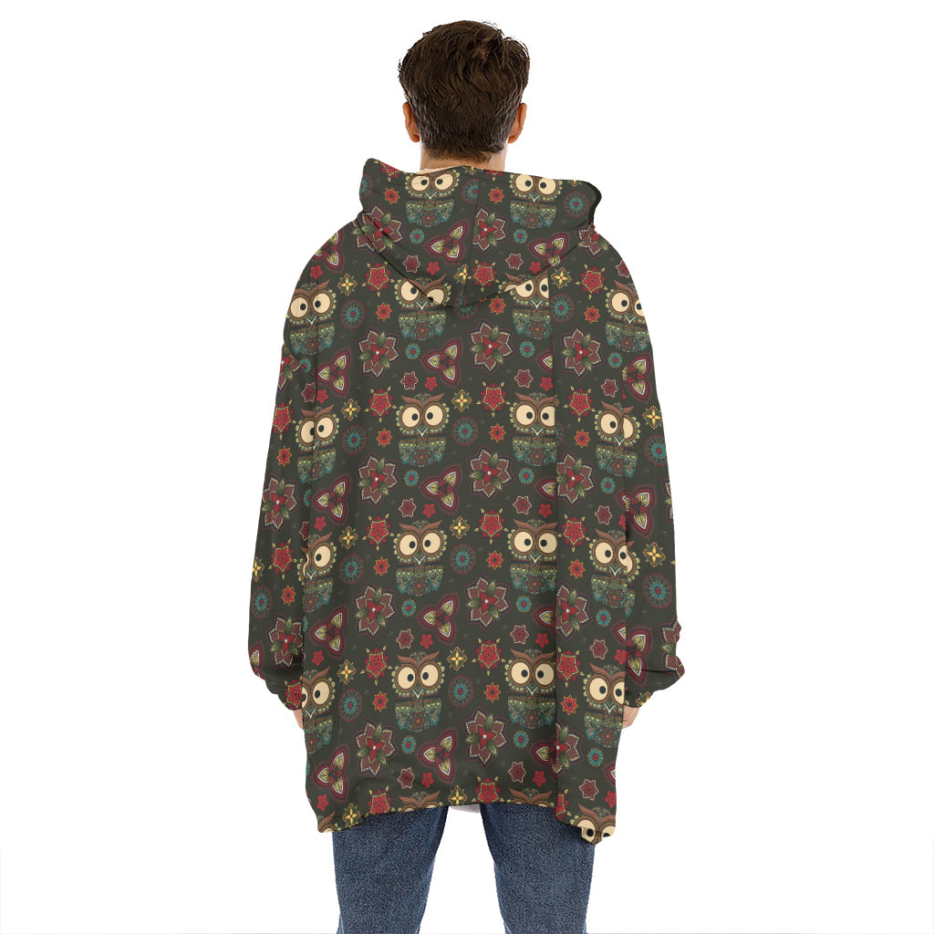Cute Boho Owl Pattern Print Hoodie Blanket