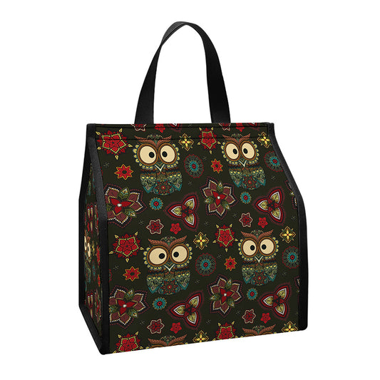 Cute Boho Owl Pattern Print Insulated Lunch Tote