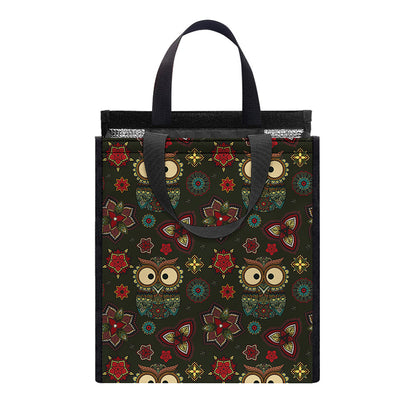 Cute Boho Owl Pattern Print Insulated Lunch Tote