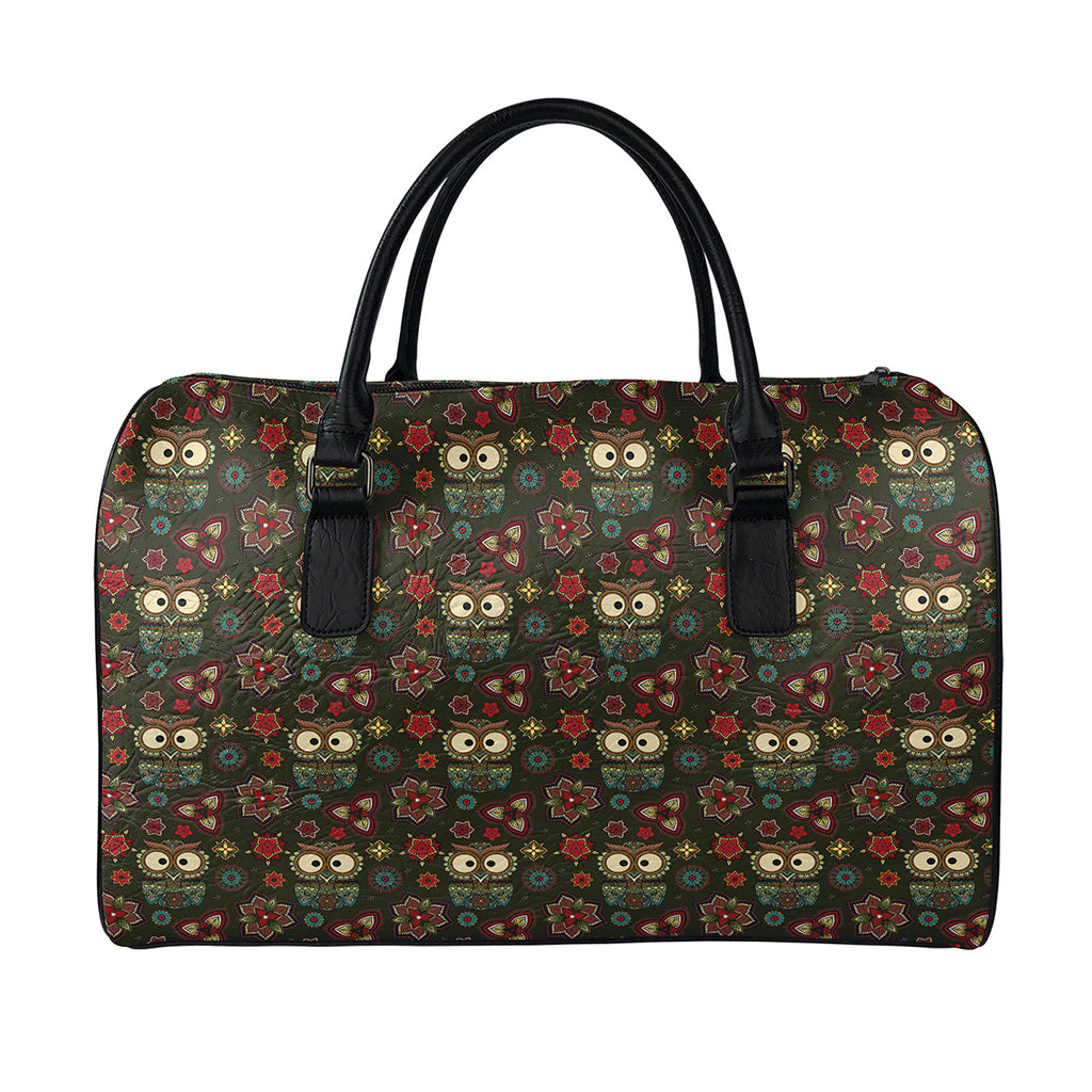 Cute Boho Owl Pattern Print Leather Duffle Bag