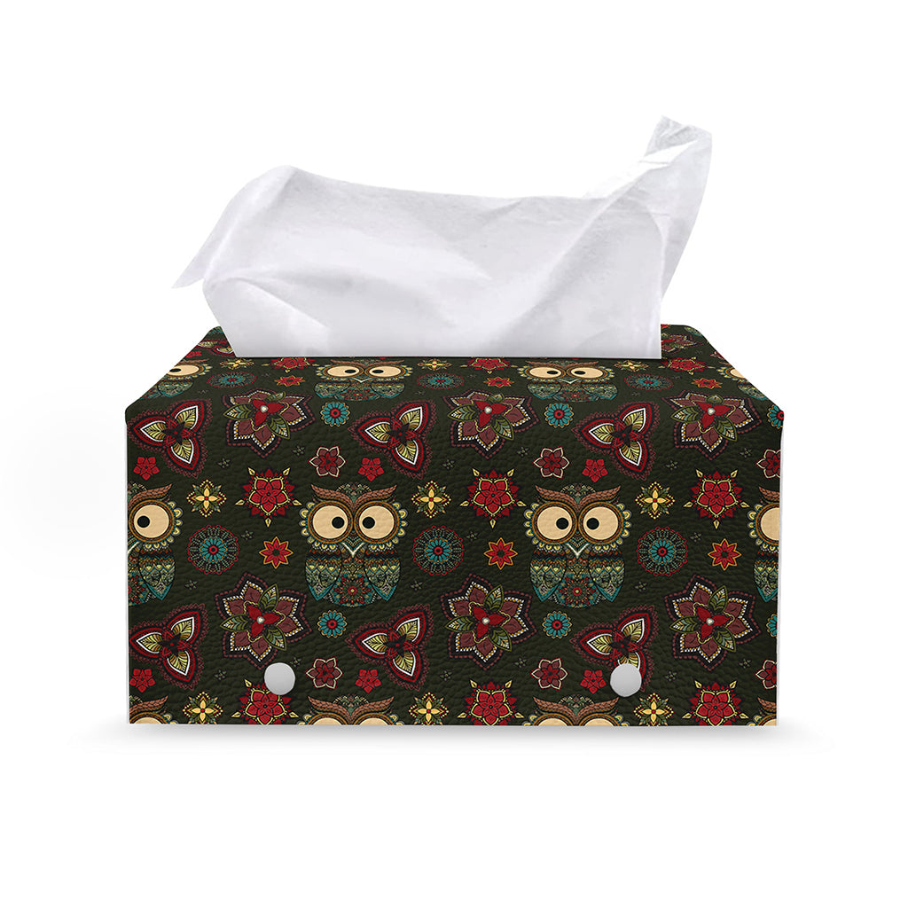 Cute Boho Owl Pattern Print Leather Tissue Box Cover