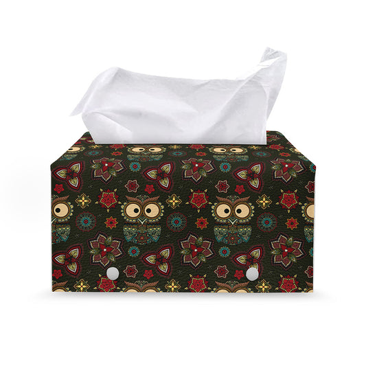 Cute Boho Owl Pattern Print Leather Tissue Box Cover