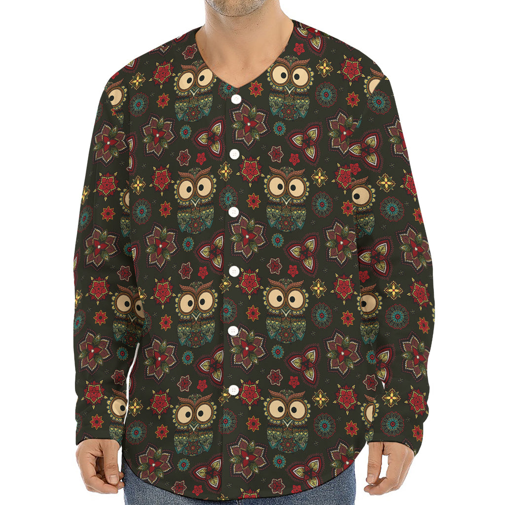 Cute Boho Owl Pattern Print Long Sleeve Baseball Jersey