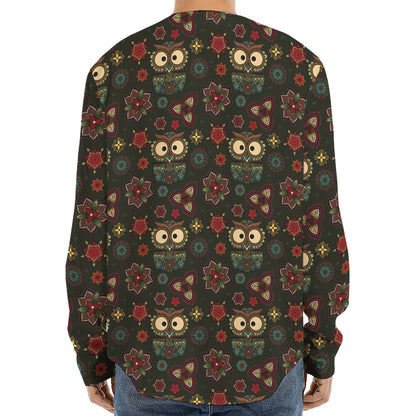 Cute Boho Owl Pattern Print Long Sleeve Baseball Jersey