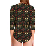 Cute Boho Owl Pattern Print Long Sleeve Swimsuit