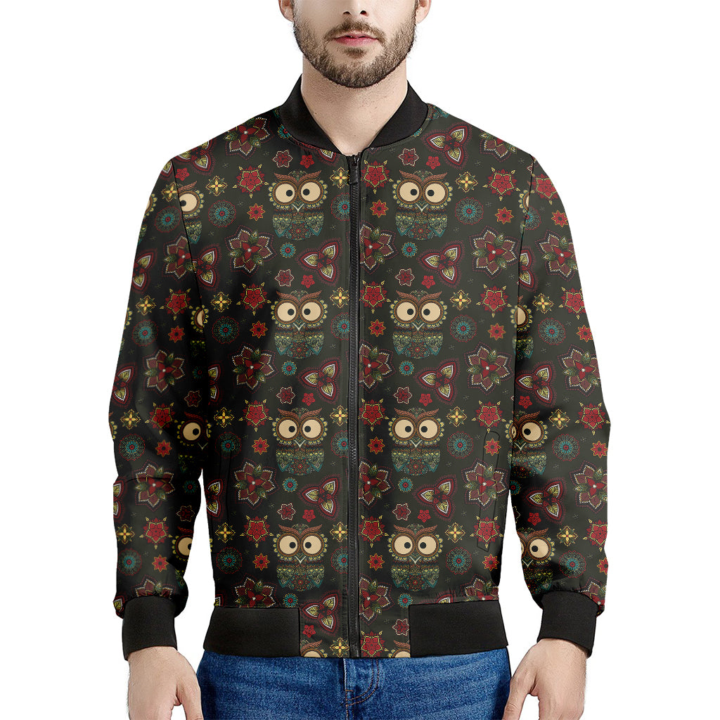 Cute Boho Owl Pattern Print Men's Bomber Jacket