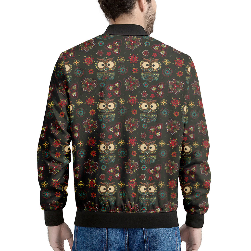 Cute Boho Owl Pattern Print Men's Bomber Jacket