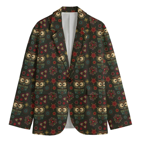 Cute Boho Owl Pattern Print Men's Cotton Blazer