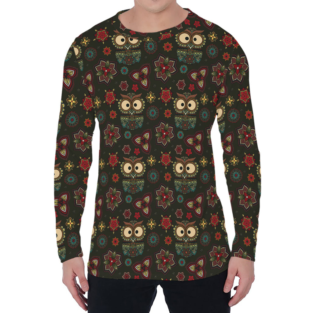 Cute Boho Owl Pattern Print Men's Long Sleeve T-Shirt