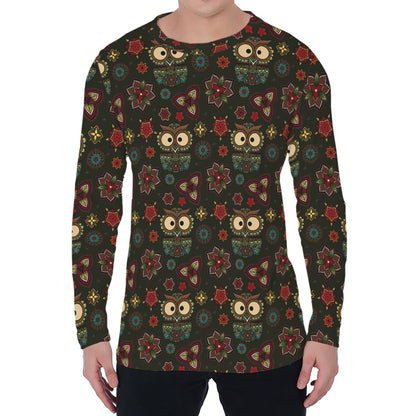 Cute Boho Owl Pattern Print Men's Long Sleeve T-Shirt