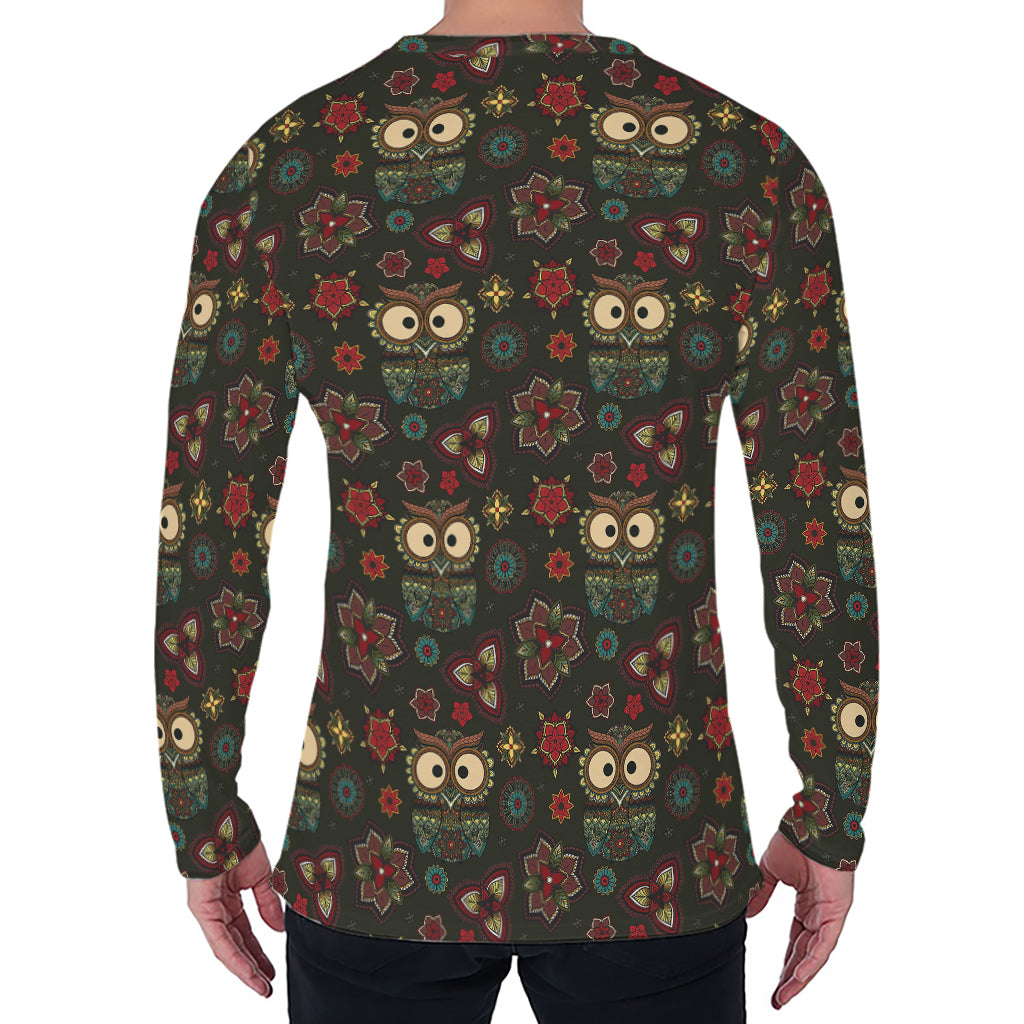 Cute Boho Owl Pattern Print Men's Long Sleeve T-Shirt