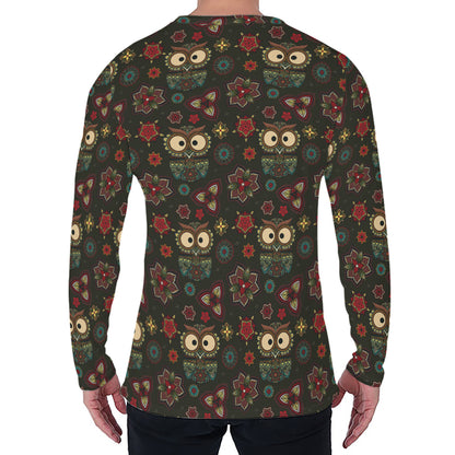 Cute Boho Owl Pattern Print Men's Long Sleeve T-Shirt