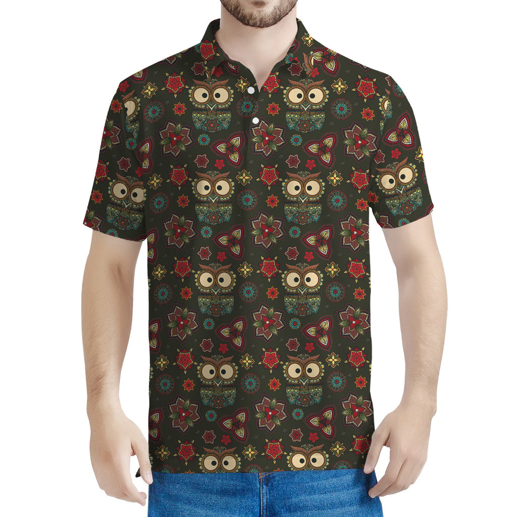Cute Boho Owl Pattern Print Men's Polo Shirt