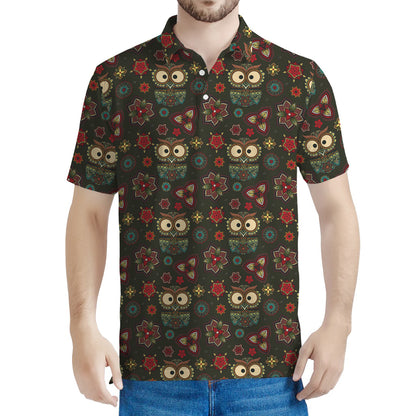 Cute Boho Owl Pattern Print Men's Polo Shirt