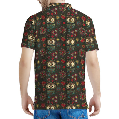 Cute Boho Owl Pattern Print Men's Polo Shirt