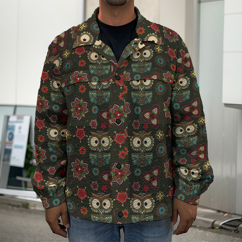 Cute Boho Owl Pattern Print Men's Shirt Jacket