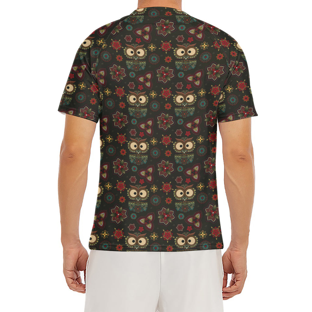 Cute Boho Owl Pattern Print Men's Short Sleeve Rash Guard