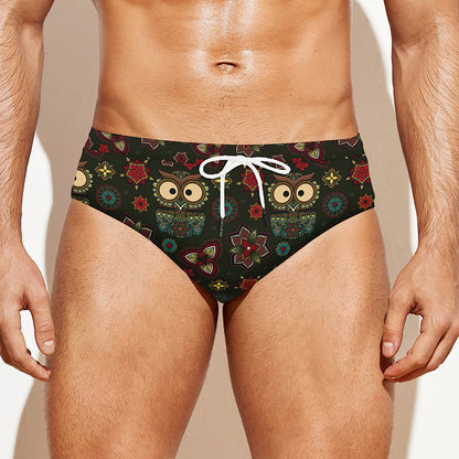 Cute Boho Owl Pattern Print Men's Swim Briefs
