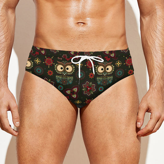 Cute Boho Owl Pattern Print Men's Swim Briefs