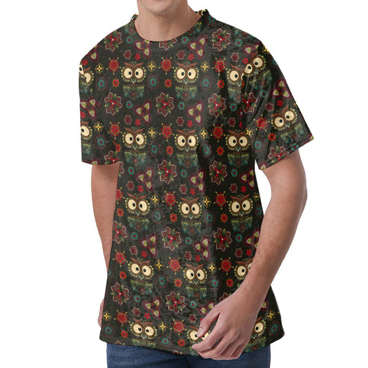 Cute Boho Owl Pattern Print Men's Velvet T-Shirt