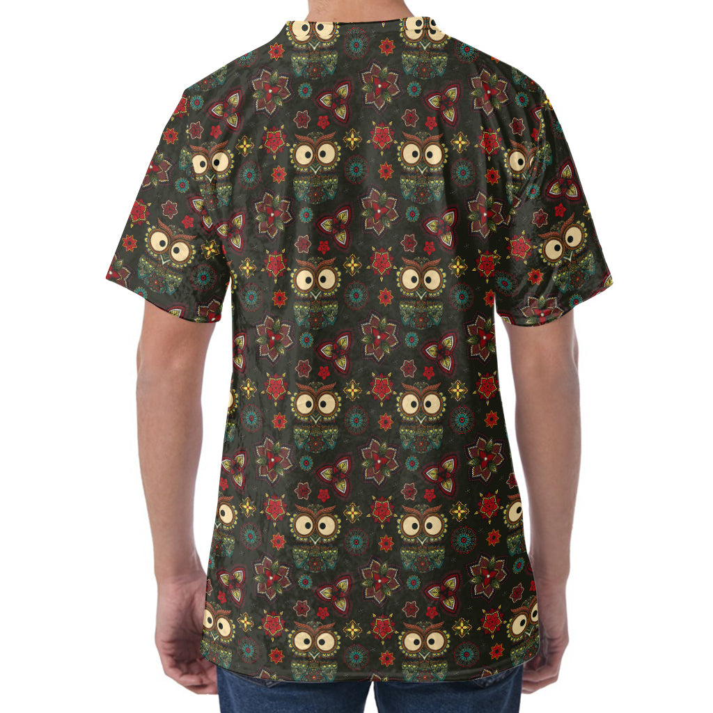 Cute Boho Owl Pattern Print Men's Velvet T-Shirt