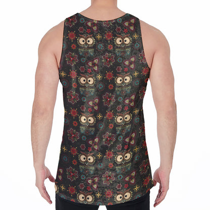 Cute Boho Owl Pattern Print Men's Velvet Tank Top