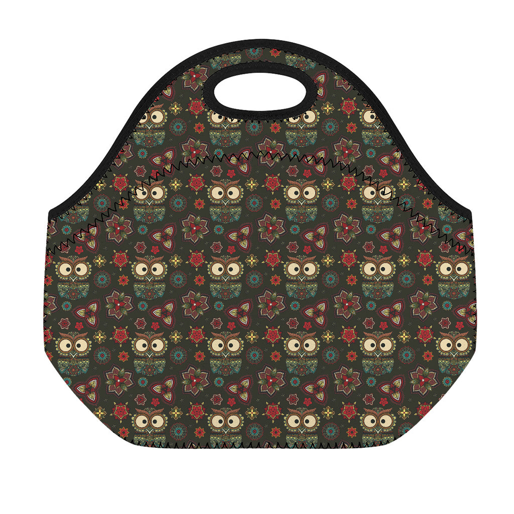Cute Boho Owl Pattern Print Neoprene Lunch Bag