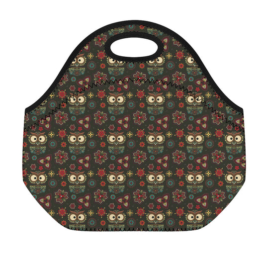 Cute Boho Owl Pattern Print Neoprene Lunch Bag