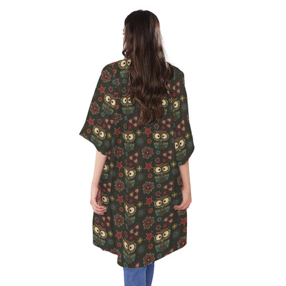 Cute Boho Owl Pattern Print Open Front Beach Cover Up