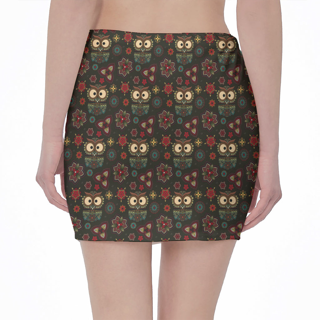 Cute Boho Owl Pattern Print Pencil Mini Skirt