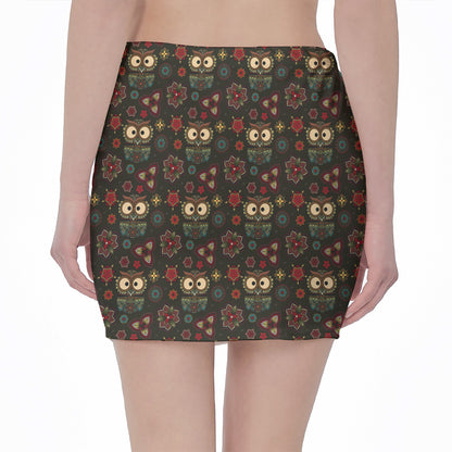 Cute Boho Owl Pattern Print Pencil Mini Skirt