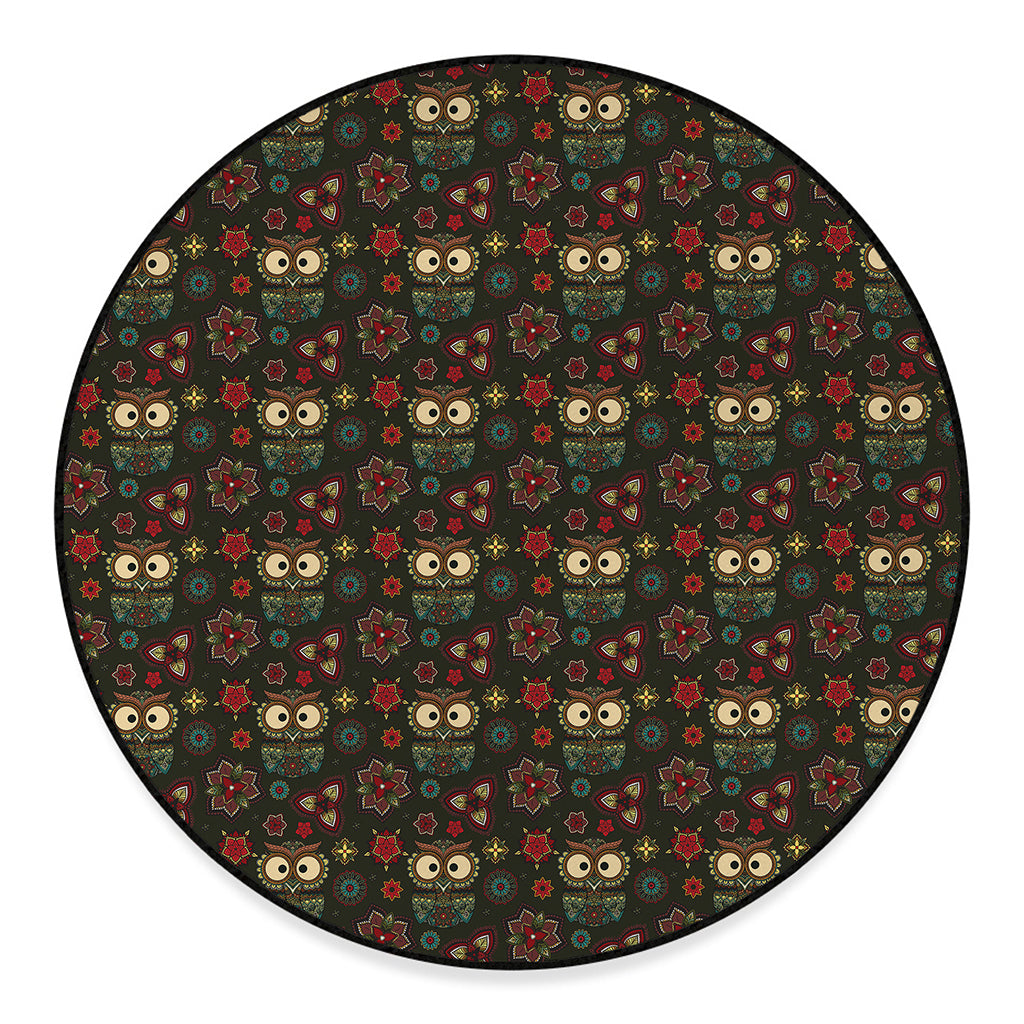Cute Boho Owl Pattern Print Round Floor Mat